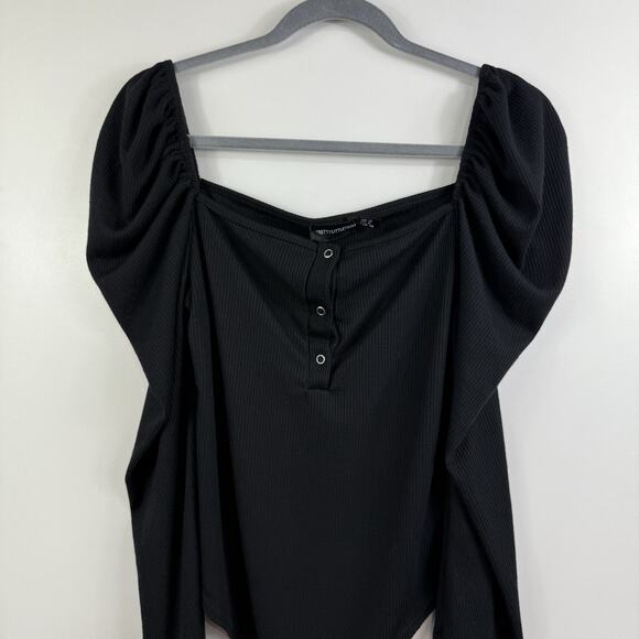 PrettyLittleThing New Black Ribbed Long Puff Sleeve Bodysuit US 8 Square Neck - Picture 4 of 15